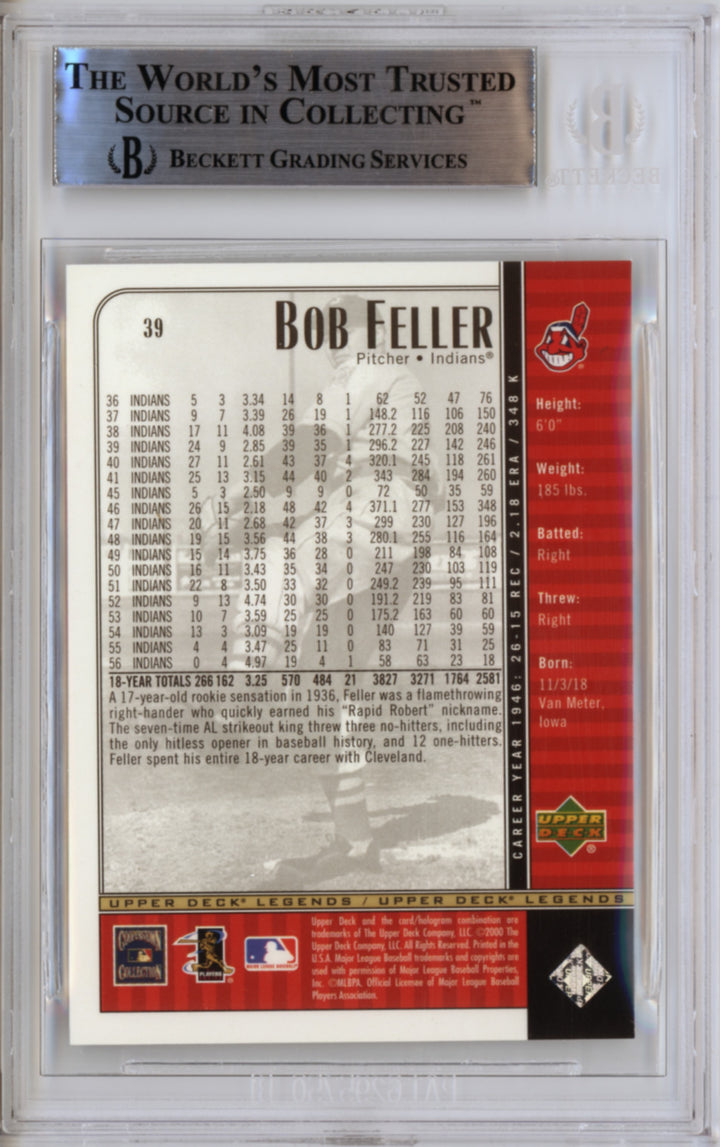 2000 Bob Feller Upper Deck Legends Signed Cleveland COA BAS Slabbed Auto