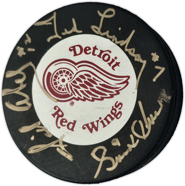 Gordie Howe, Sid Abel, & Ted Lindsay Red Wings Logo Puck Production Auto Beckett