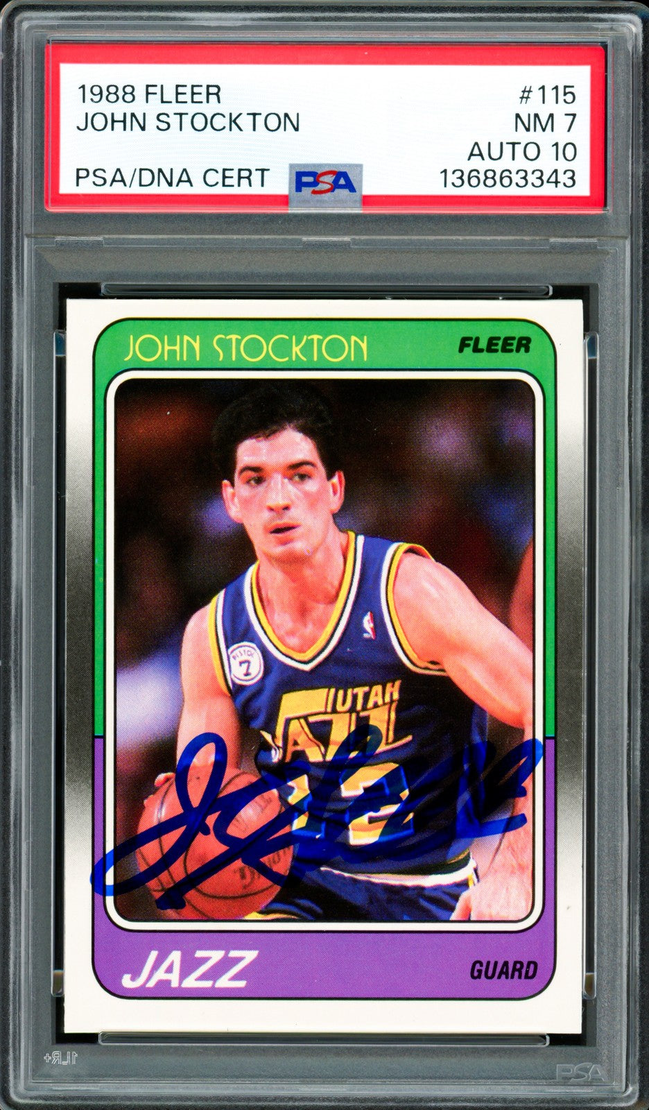 John Stockton Signed 1988-89 Fleer RC 115 Utah Jazz PSA 7 Sig 10 PSA/DNA