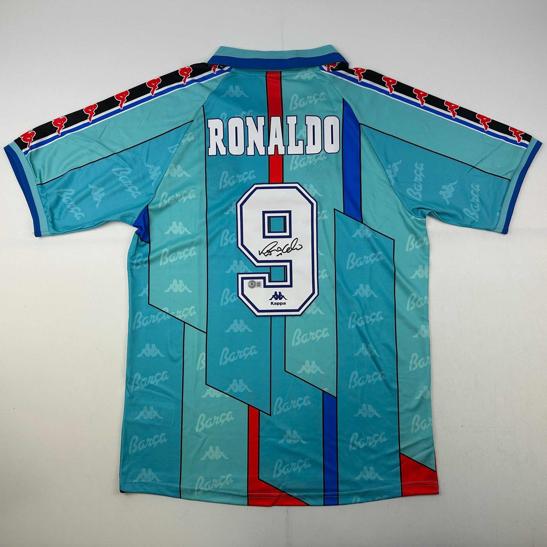 Autographed/Signed Ronaldo Nazario FC Barcelona 1996-97 Teal Jersey Beckett COA