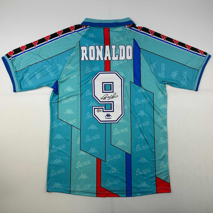 Autographed/Signed Ronaldo Nazario FC Barcelona 1996-97 Teal Jersey Beckett COA