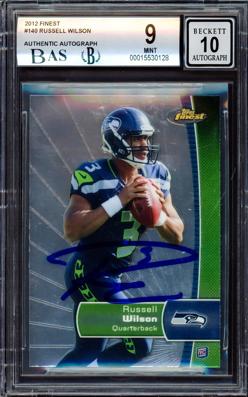 Russell Wilson Signed 2012 Topps Finest RC 140 Seahawks BGS 9 Auto 10 Beckett