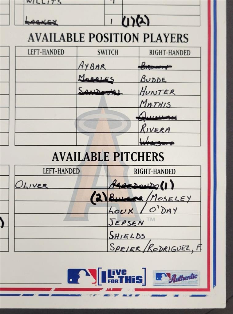 Angels @ Rangers 9/21/2008 Game Used Lineup Card Teixeira Blalock HR ~ MLB Holo