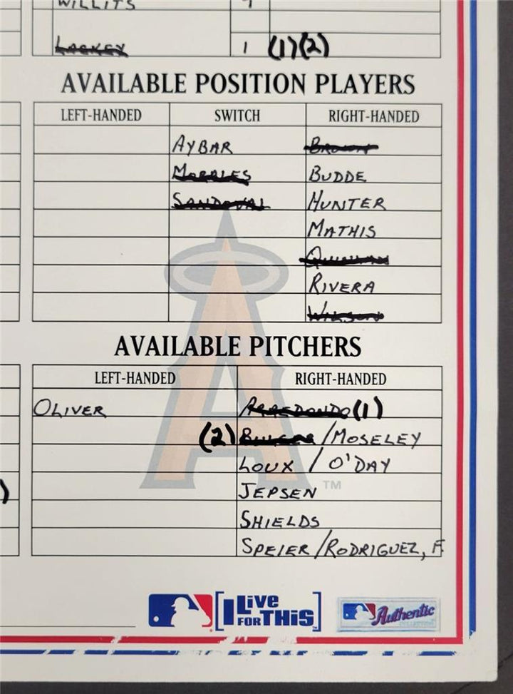 Angels @ Rangers 9/21/2008 Game Used Lineup Card Teixeira Blalock HR ~ MLB Holo