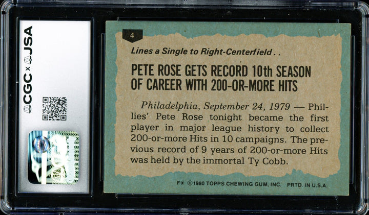 Pete Rose Signed 1980 Topps Card 4 Philadelphia Phillies CGC x JSA