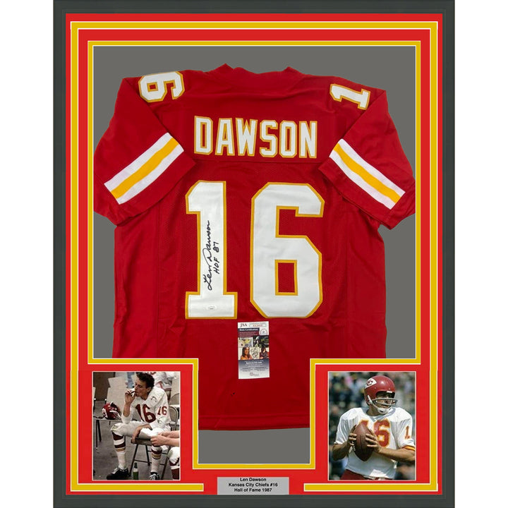 Framed Autographed/Signed Len Dawson 33x42 HOF 87 Kansas City Red Jersey JSA COA