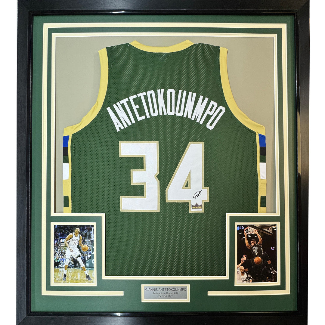 Framed Facsimile Autographed Giannis Antetokounmpo 33x42 Reprint Laser Jersey