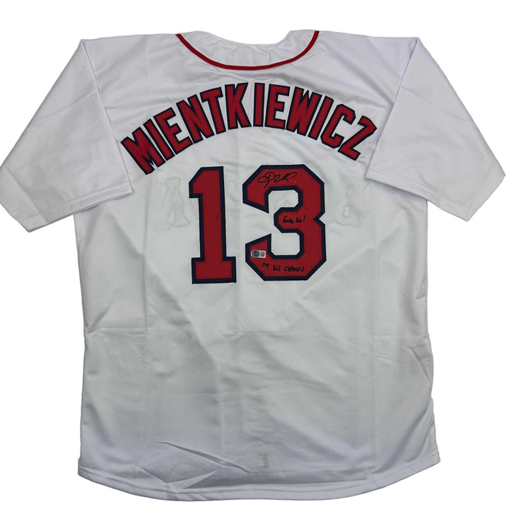 Autographed/Signed Doug Mientkiewicz Final Out! Boston White Jersey BAS COA