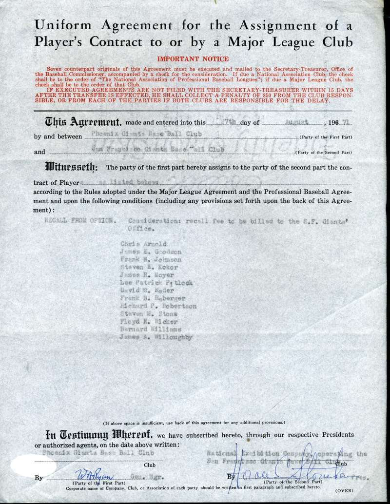 Horace Stoneham Jsa Coa Authentic Hand Signed 1967 Giants Contract Autograph