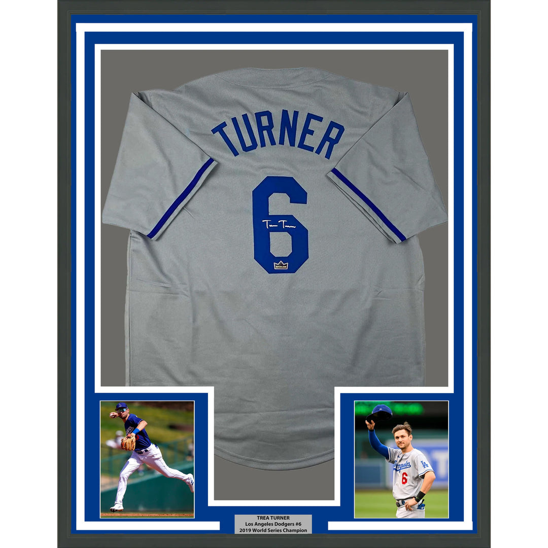 Framed Facsimile Autographed Trea Turner 33x42 LA Grey Reprint Laser Auto Jersey