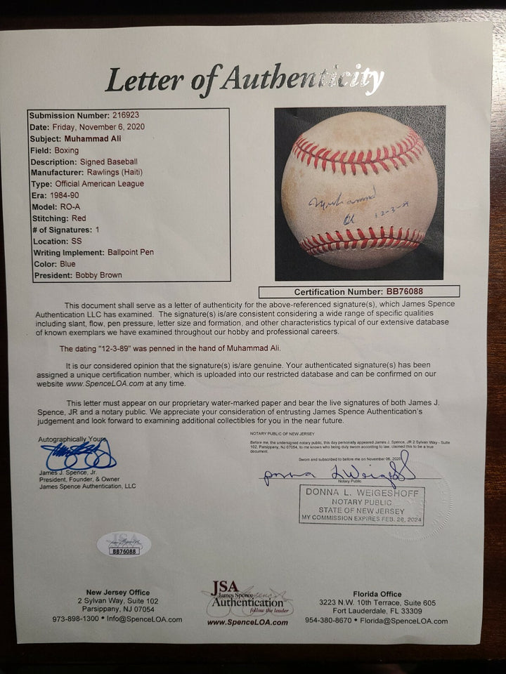 Muhammad Ali JSA Coa Autograph American League OAL Signed BasebaLL