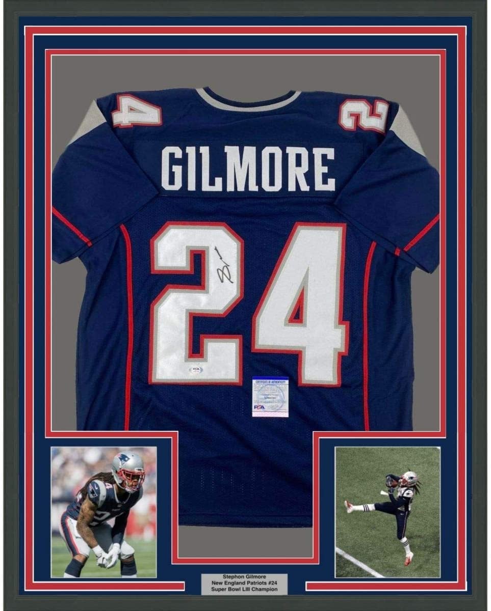FRAMED Signed STEPHON GILMORE 35x39 New England Blue Jersey PSA COA