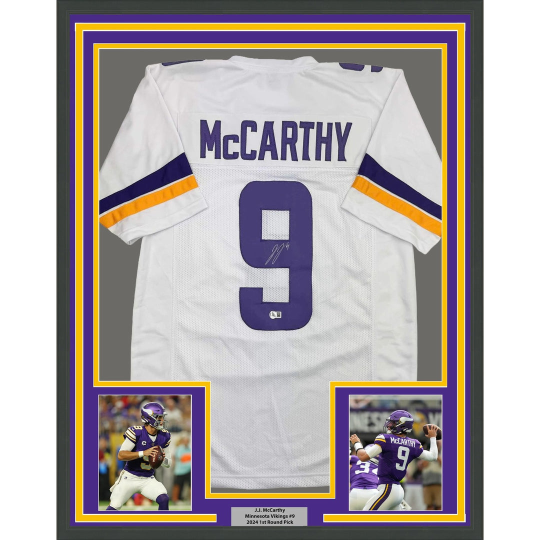 Framed Autographed/Signed J.J. JJ McCarthy 35x39 Minnesota White Jersey COA