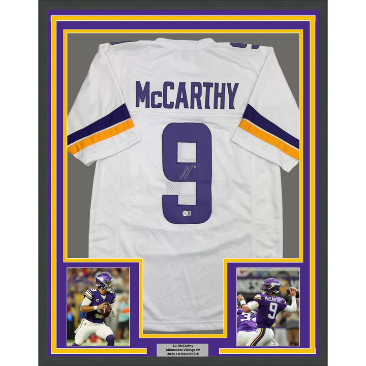 Framed Autographed/Signed J.J. JJ McCarthy 35x39 Minnesota White Jersey COA