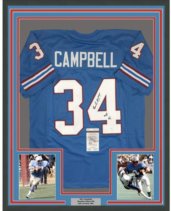 FRAMED Autographed/Signed EARL CAMPBELL HOF 91 33x42 Houston Blue Jersey JSA COA