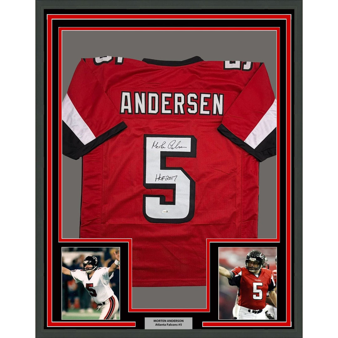 Framed Autographed/Signed Morten Andersen 35x39 Atlanta Red Jersey JSA COA