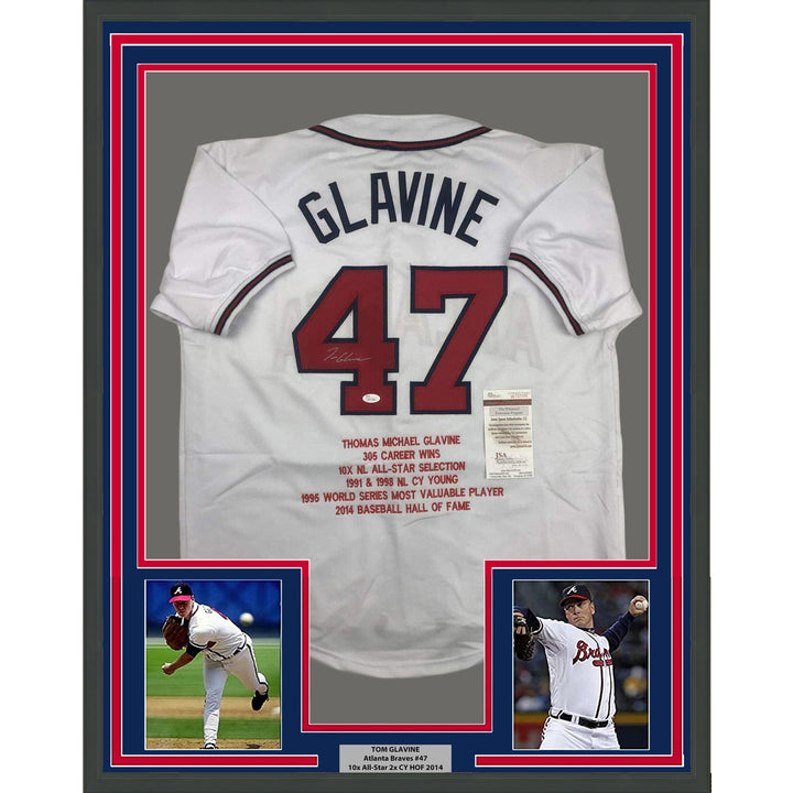 Framed Autographed/Signed Tom Glavine 35x39 Atlanta White Stat Jersey JSA COA