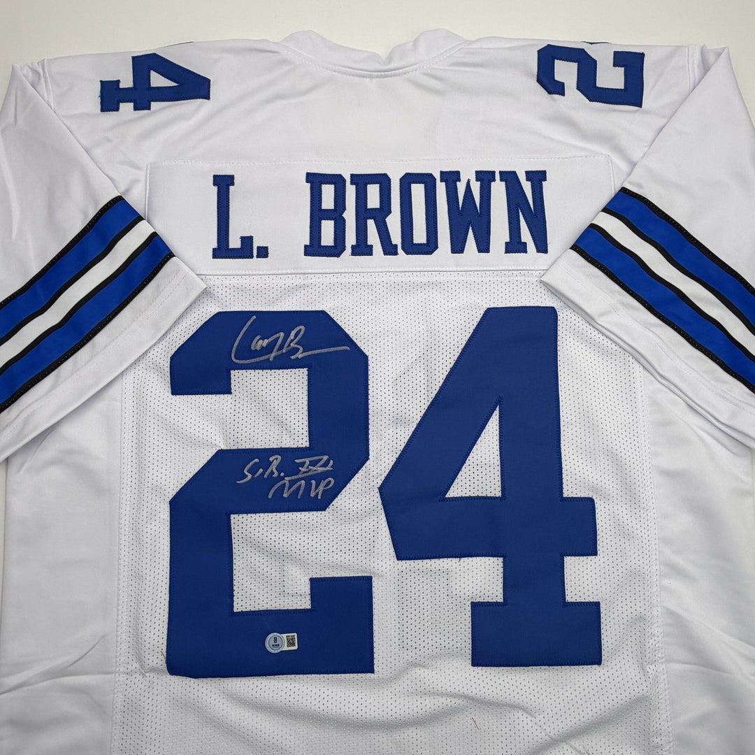 Autographed/Signed Larry Brown SB MVP Dallas White Football Jersey JSA COA