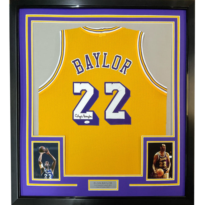 Framed Autographed/Signed Elgin Baylor 33x42 Los Angeles Yellow Jersey JSA COA
