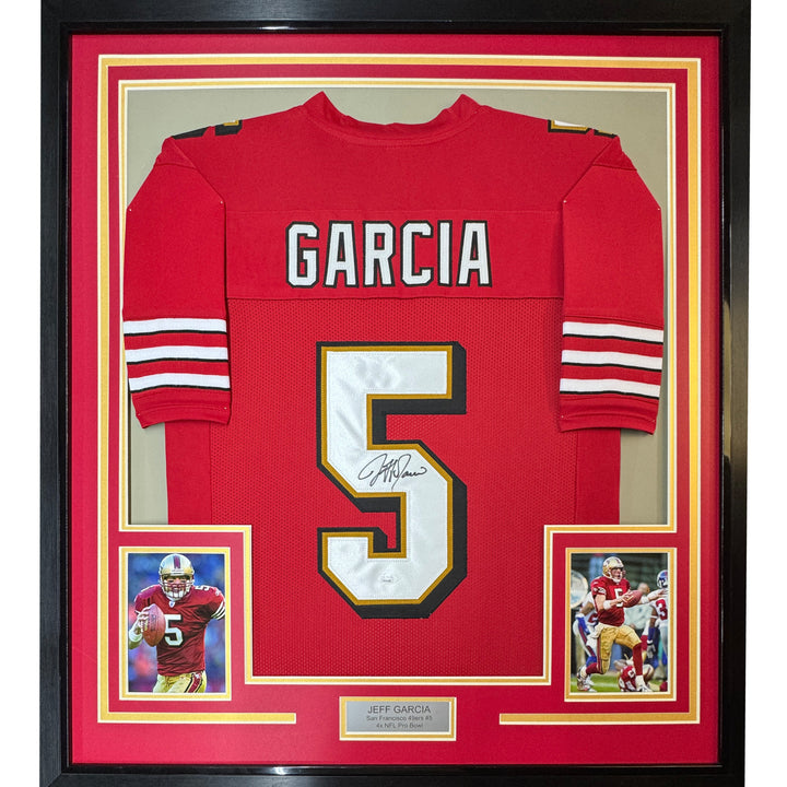 FRAMED Autographed/Signed JEFF GARCIA 33x42 Red Football Jersey BAS COA