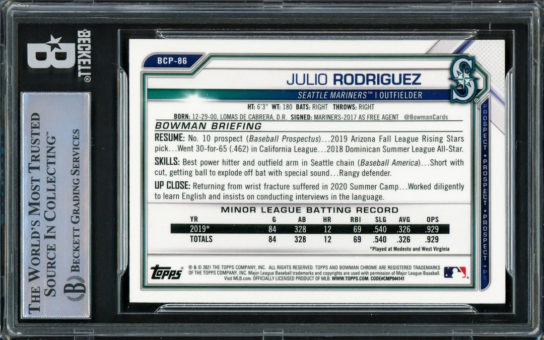 Julio Rodriguez Signed 2021 Bowman Chrome Card #BCP86 Seattle Mariners Beckett