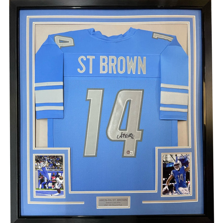 Framed Autographed/Signed Amon-Ra St. Brown 33x42 Detroit Blue Jersey COA