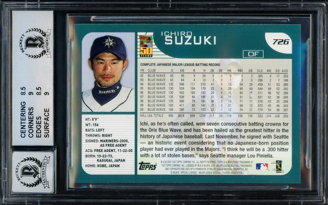 Ichiro Suzuki Signed 2001 Topps RC 726 Mariners BGS 8.5 Auto GM 10 Beckett