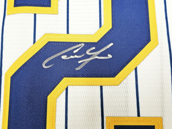 Brewers Christian Yelich Signed White Pinstripe Majestic Jersey Size XL JSA