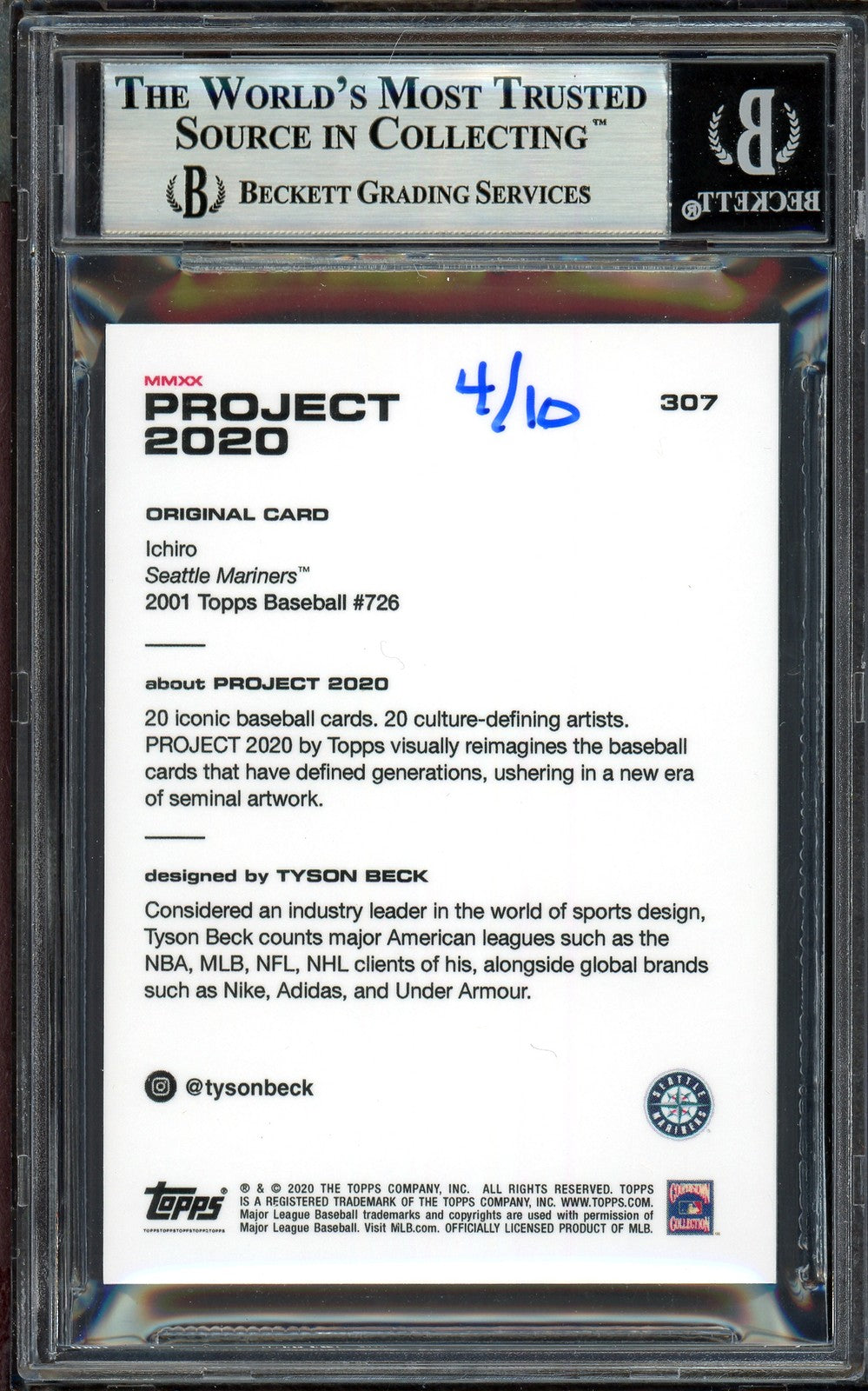 Ichiro Suzuki Auto Topps Project 2020 Tyson Beck Card 307 Mariners Gold /10 BAS
