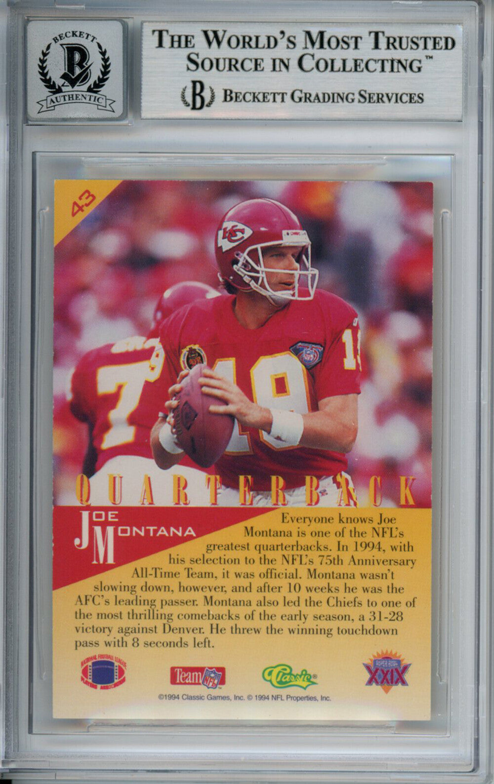 Joe Montana Signed 1994 Classi #43 Gold Trading Card Beckett 10 Slab 37509