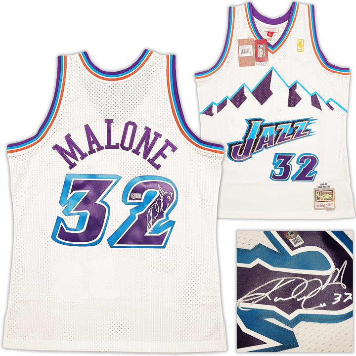 Jazz Karl Malone Signed White Authentic Mitchell & Ness Jersey Size L Beckett