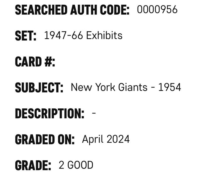 1947-66 Exhibits Card New York Giants 1954 SGC 2 NL Champions Willie Mays HOF