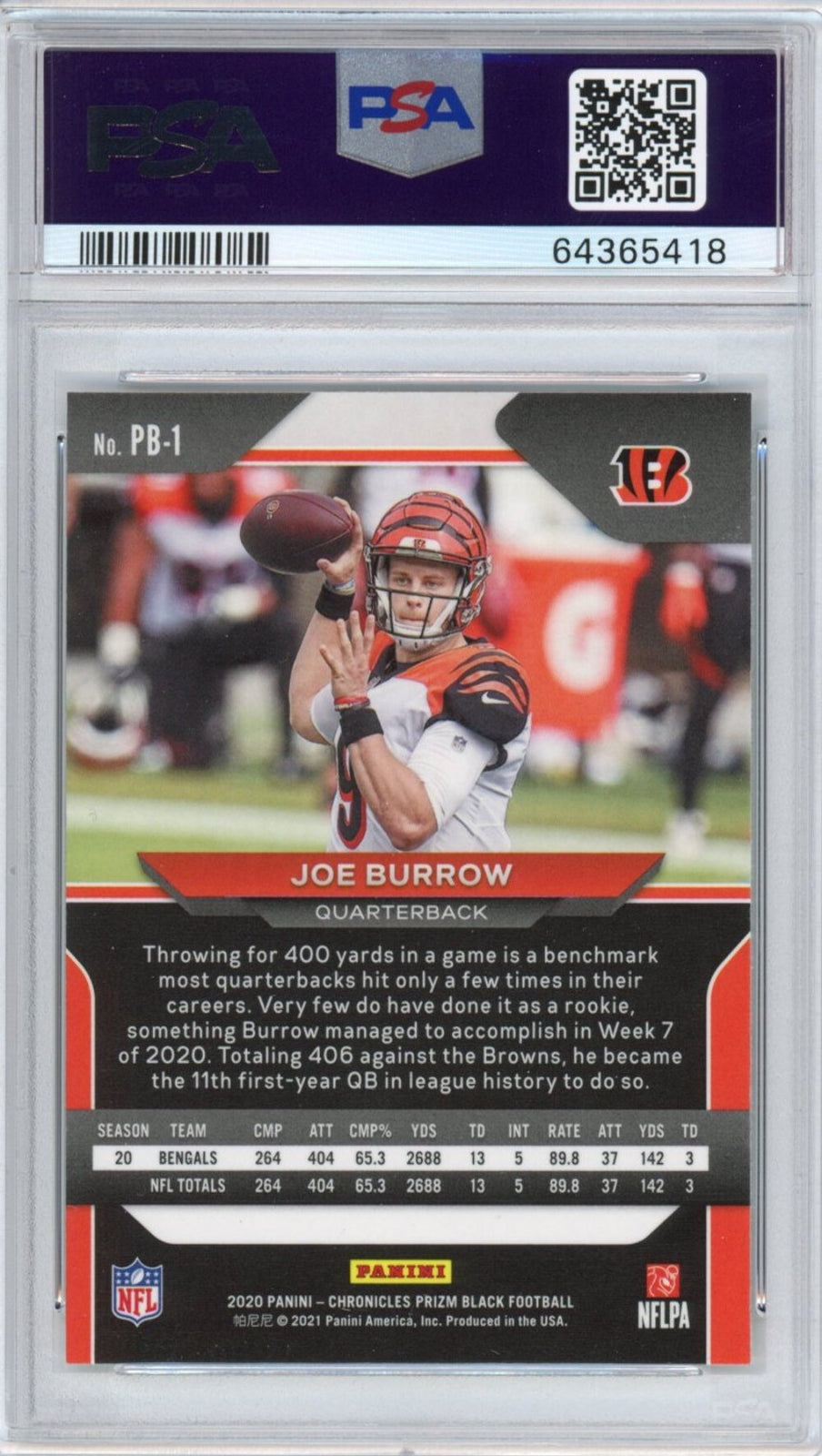 Graded 2020 Panini Chronicles Joe Burrow #BP1 Prizm Black Rookie RC Card PSA 10