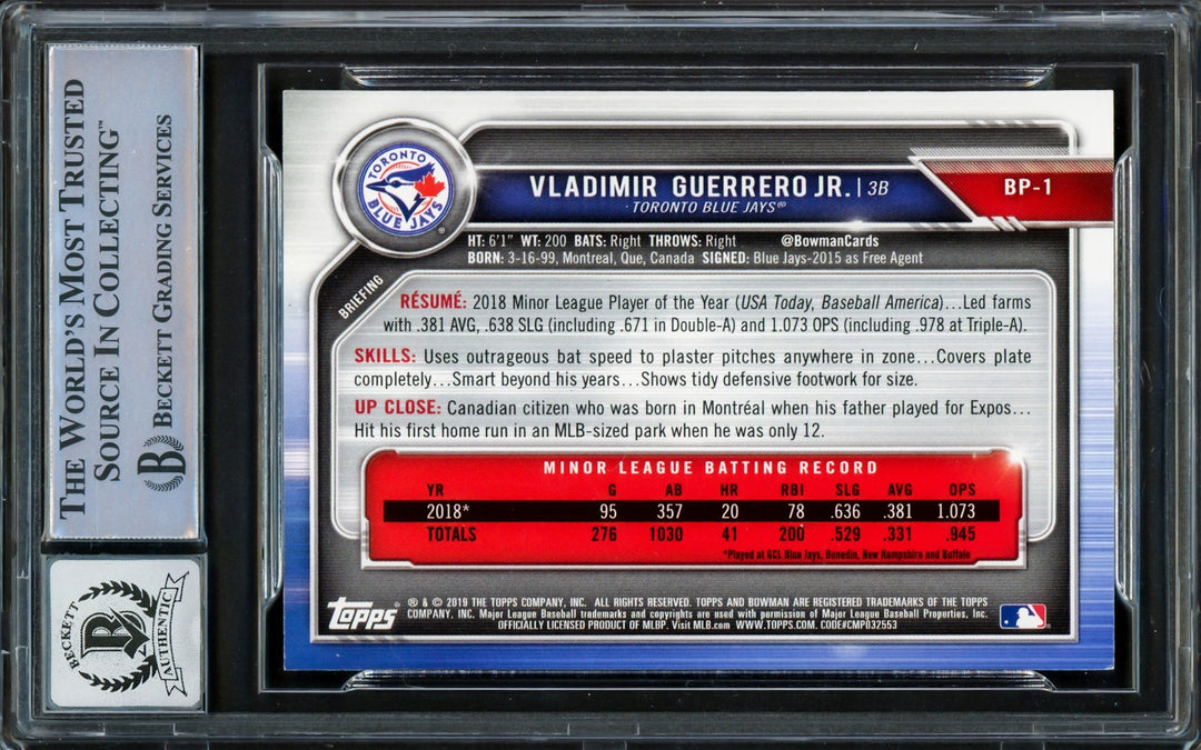 Vladimir Guerrero Jr Auto 2019 Bowman Prospects Green RC BP1 Jays Sig 10 Beckett