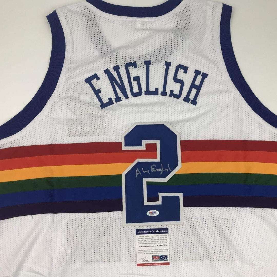 Autographed/Signed ALEX ENGLISH Denver White Jersey PSA/DNA COA Auto