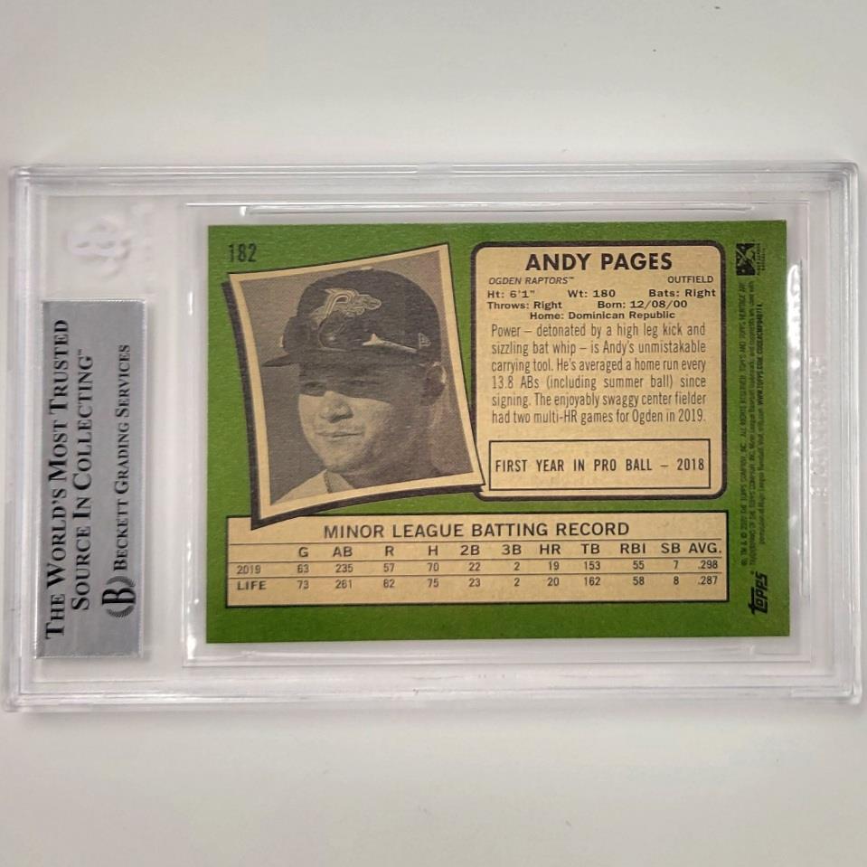 Andy Pages signed 2020 Topps Heritage Minors RC Dodgers #182 rookie card BAS BGS