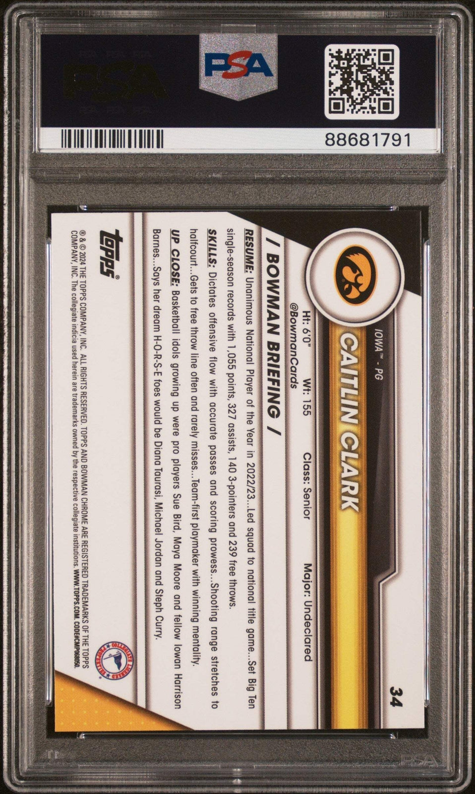 Graded 2023 Topps Bowman U Chrome Caitlin Clark #34 RC Basketball Card PSA 10
