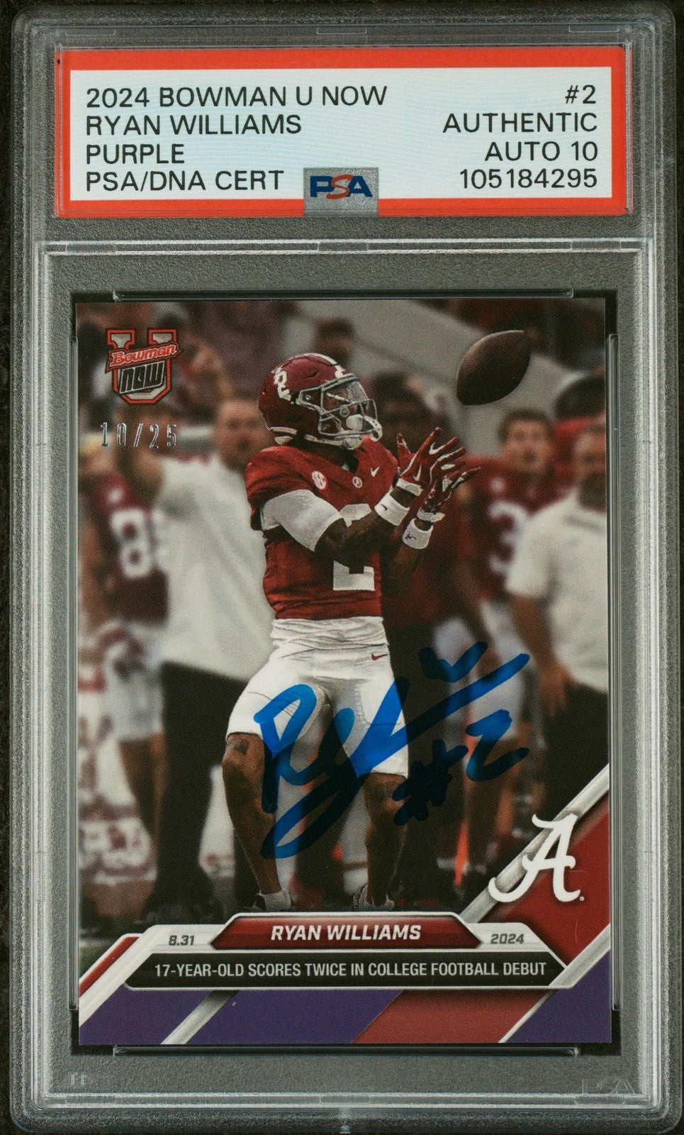 Graded 2024 Bowman U Now Ryan Williams #2 Purple /25 Card PSA 10 Auto
