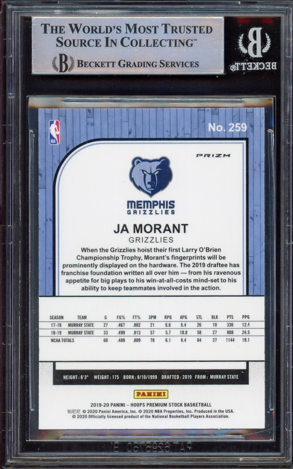 Ja Morant Auto Signed 2019-20 Hoops Premium Stock Prizms Pulsar RC 259 Beckett