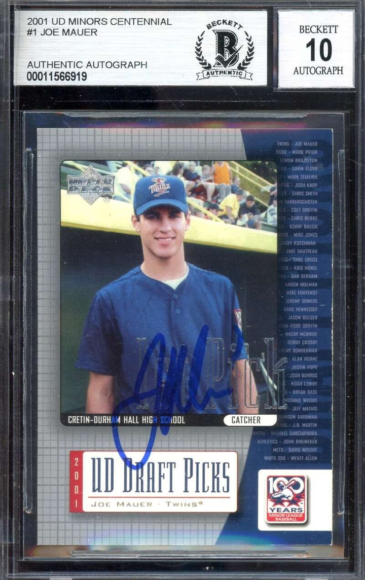 Joe Mauer Gem Mint 10 Beckett BAS Signed 2001 Upper Deck Minors Rookie Autograph