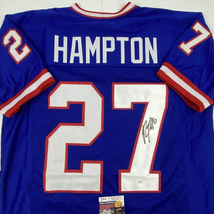 Autographed/Signed RODNEY HAMPTON New York Blue Football Jersey JSA COA Auto