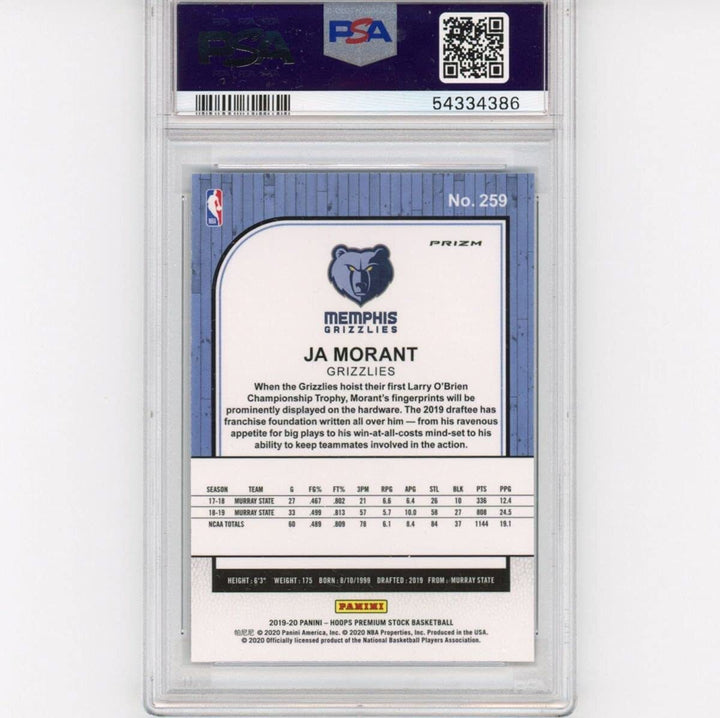 Graded 2019-20 NBA Hoops Premium Stock Ja Morant #259 Green Prizm Rookie RC Bask