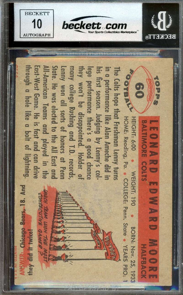 Lenny Moore Gem Mint 10 Beckett BAS Signed 1956 Topps Rookie Autograph