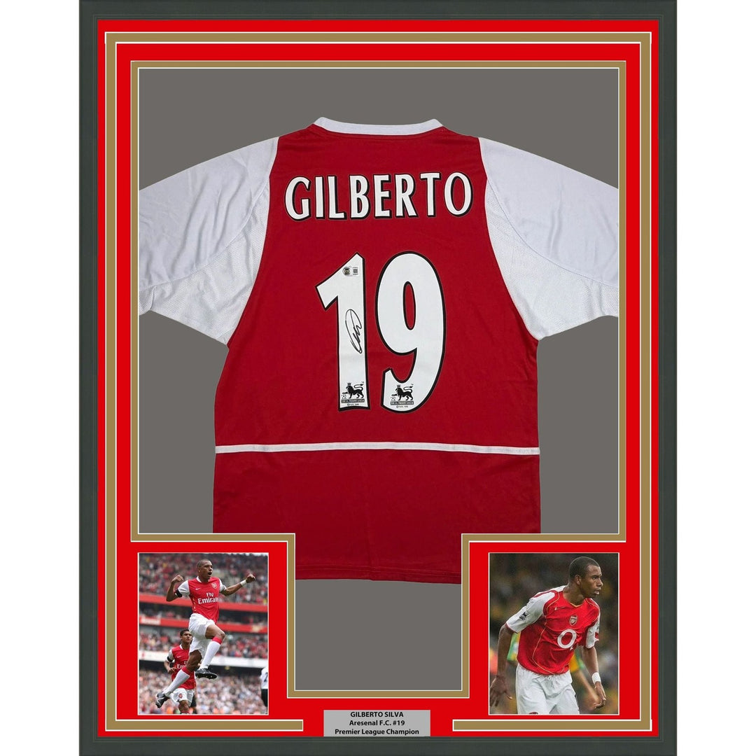 Framed Autographed/Signed Gilberto Silva 35x39 Arsenal Red Jersey BAS COA