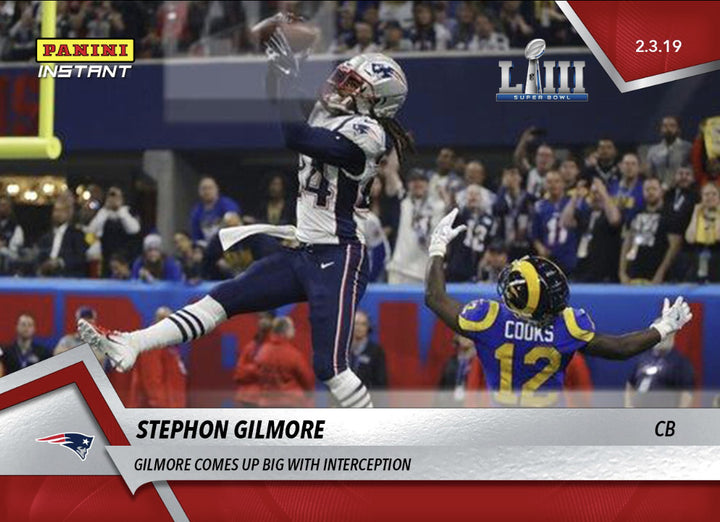 2018-19 STEPHON GILMORE COMES UP BIG WITH INTERCEPTION PANINI INSTANT CARD #433