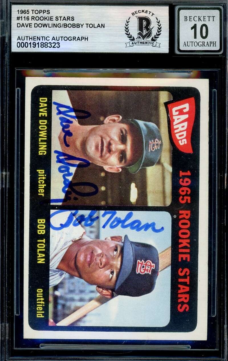 Dave Dowling Bobby Tolan Gem Mint 10 Beckett BAS Signed 1965 Topps Rookie Stars