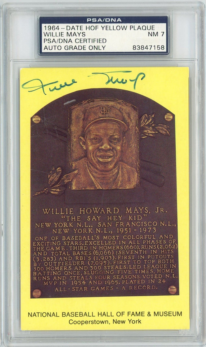 Graded Baseball Hall of Fame Plaque Willie Mays Signed Auto Postcard PSA 7