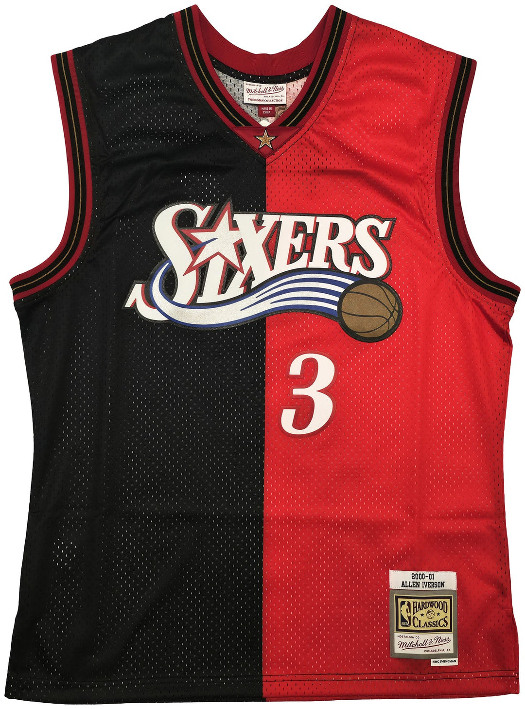 76ers Allen Iverson Auto Black Red Mitchell Ness 2000-01 Swingman Jersey L BAS