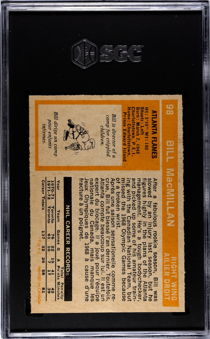 Bill MacMillan 1972-73 O-Pee-Chee NHL RC #98- SGC Graded 7 NM (Atlanta Flames)