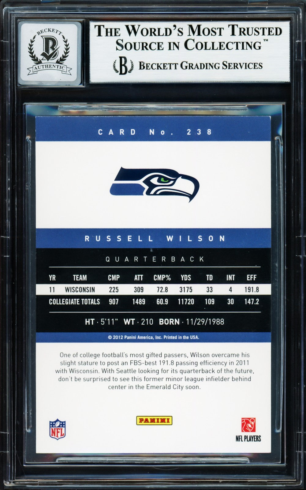 Russell Wilson Signed 2012 Panini Prestige RC 238 Seahawks Auto GM 10 Beckett